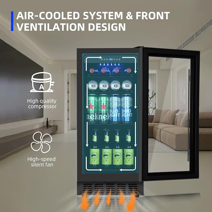 ORYMUS 15 Inch Beverage Refrigerator, 130 Cans Drink Fridge with Glass Door & Lock, Under Counter or Freestanding Beverage Cooler for Soda, Beer & Water, Upgraded Quiet Compressor, Memory Temp, Black