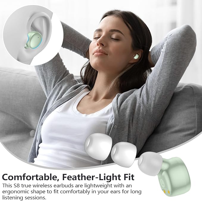 MOZOTER Mini Wireless Earbuds Bluetooth 5.3 in Ear Headphones Headsets | Light Weight,60Hrs Playtime Ear Buds with Charging Case,Smart Touch Control,Premium Sound with Deep Bass for Sport-Green