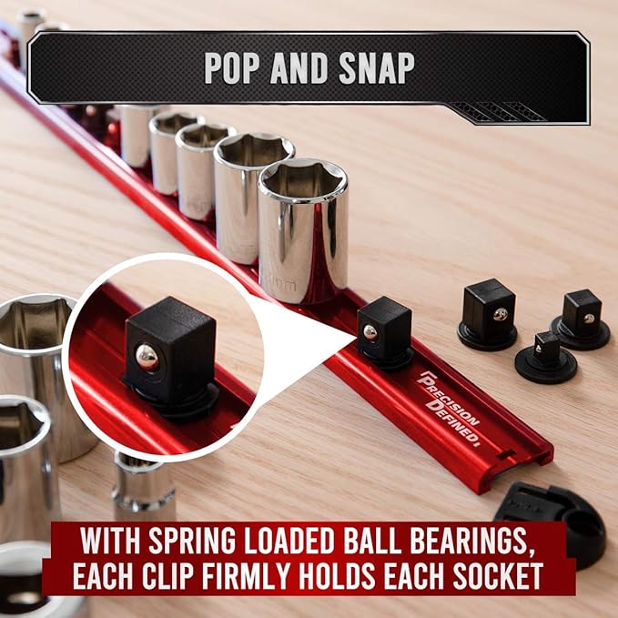 Precision Defined Aluminum Tool Socket Holder 3-Piece Set | Red, 1/4-Inch x 16 Clips, 3/8-Inch x 16 Clips, 1/2-Inch x 14 Clips | 360 Rotation - Heavy Duty Socket Rails Organizer, Socket Storage