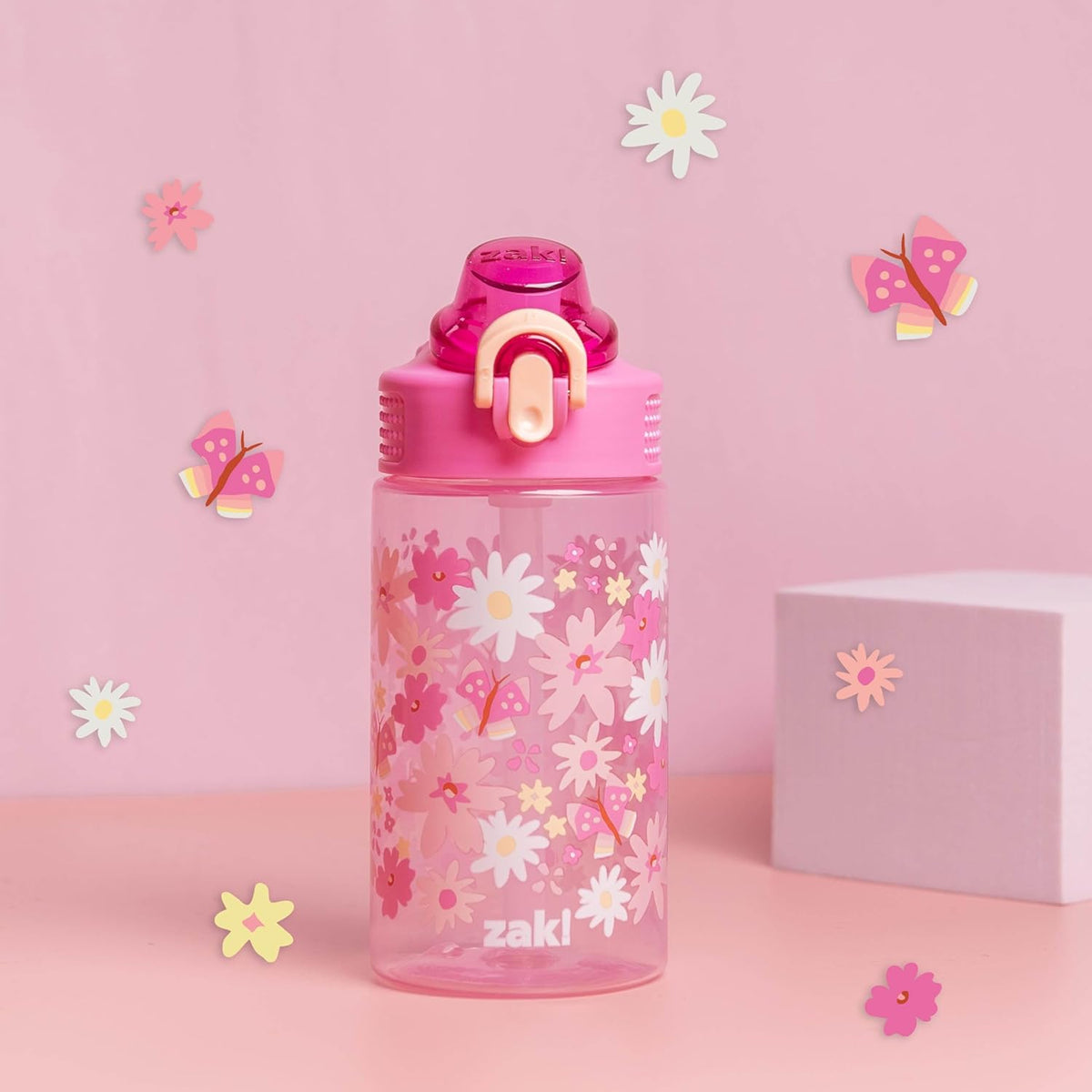 Zak Designs Sage Water Bottle - 16oz Durable Plastic with Straw, Handle & Leak-Proof Cover | Flower Power