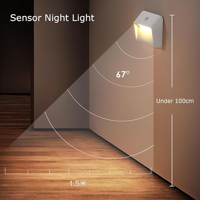 Rechargeable Motion Sensor Night Light - 2200mAh Battery Stair Lights Indoor, 3000K, Linkage Mode, for Bedroom Hallway Bathroom Wall - 3 Brightness Levels