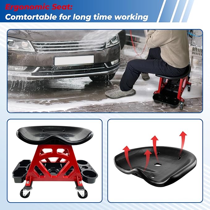 HOXWELL Durable Mechanic Seat with Wheels - Heavy Duty Rolling Stool Car Detailing Creeper Seat with Tool Tray for Workshop, Auto Repair Shop and Home