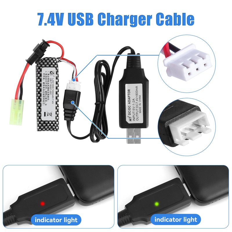 OooSure 2 pcs 7.4V 1400mAh 25C 501855 Lipo Airsoft Gun Batteries with 2S Charging Cable and SM2P to Mini Tamiya Switch Cable for Airsoft Gel Guns repalce Battery for STD-X2(2 PCS)