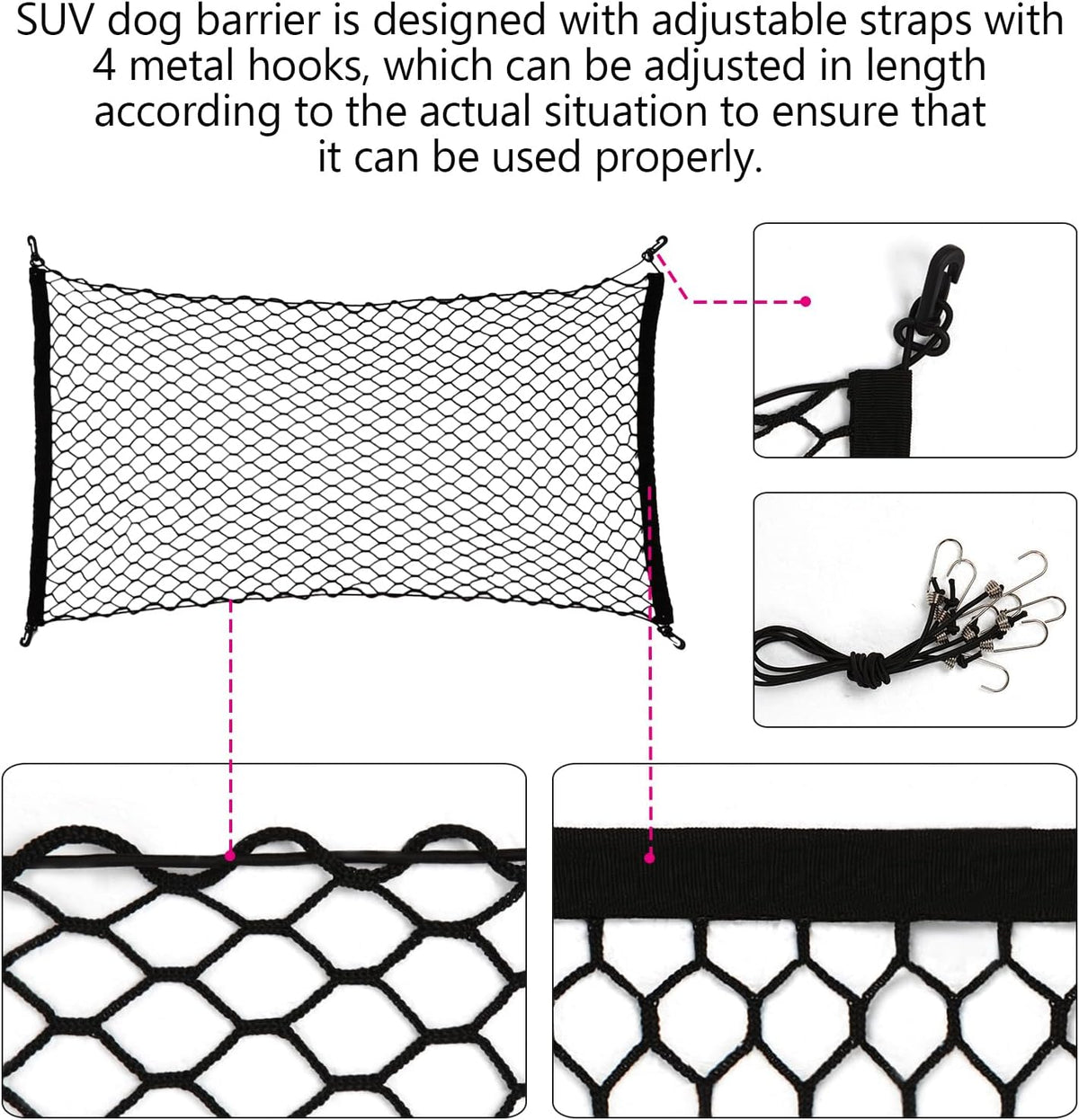 Dog Car Net Barrier for SUV - Pet Car Divider Back Seat Barrier Net, Easy to Install and Remove,with Flexible Bungee Cords Adjustable for Trucks, SUV, Vans, Universal Fit Sturdy Mesh (47 * 27 inches)