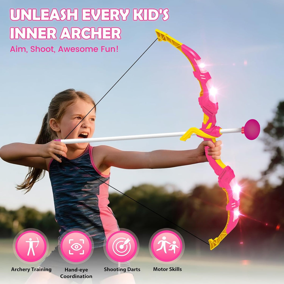 VATOS Bow and Arrow Toy Set - 4-in-1 Archery & Dart Game with LED Light, 20 Suction Cup Arrows & Mermaid Target | Indoor/Outdoor Gift for Kids Ages 5-12