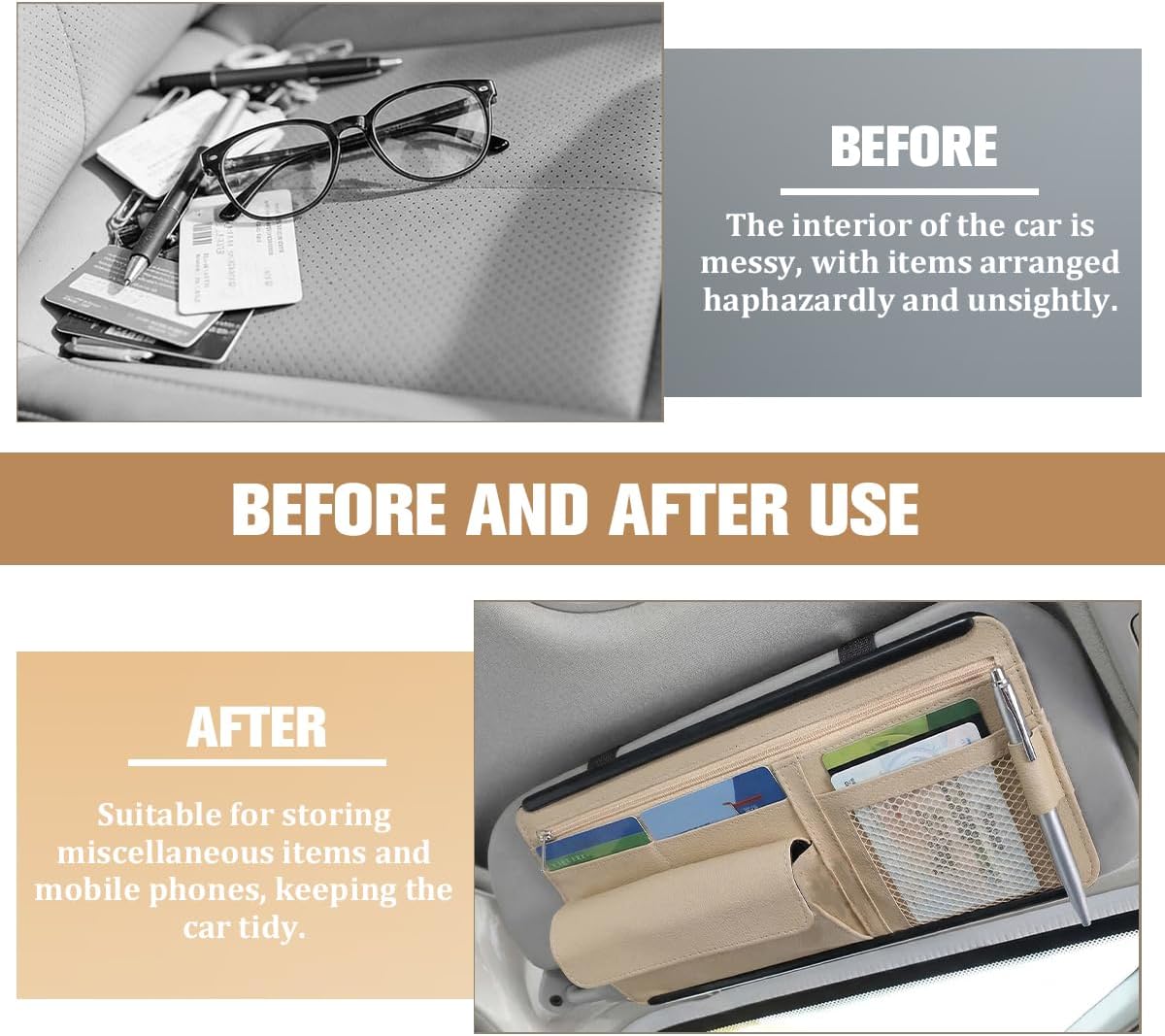 Car Sun Visor Organizer with Zipper Pocket, Multi-Pocket Vehicle Visor Storage Pouch with Card Sleeve, Eyeglasses Holder Box, Auto Interior Sunvisor Organizer Pocket, Universal Fit (Beige)