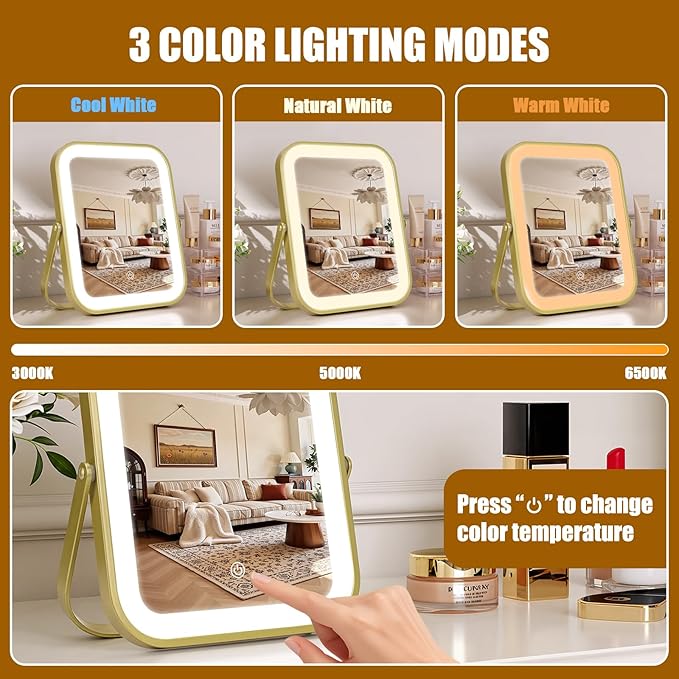 Rechargeable Vanity Mirror with Lights, 10"×8" Makeup Mirror with Lights, 1500mAH Battery, Smart Touch with 3-Color Lighting, Dimmable, HD Desk Mirror, Travel Essentials, Women Gift (Gold)