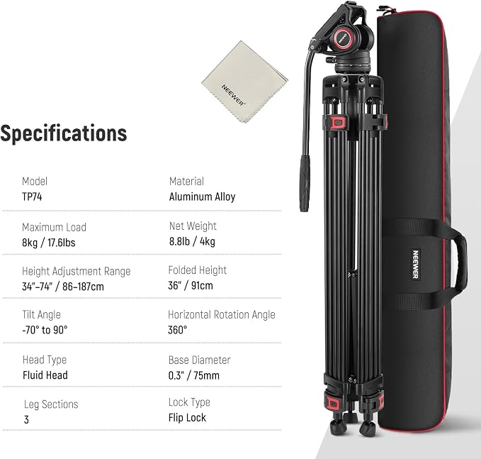 NEEWER 74" Video Tripod with Fluid Head & Damping Control, Aluminum Heavy Duty