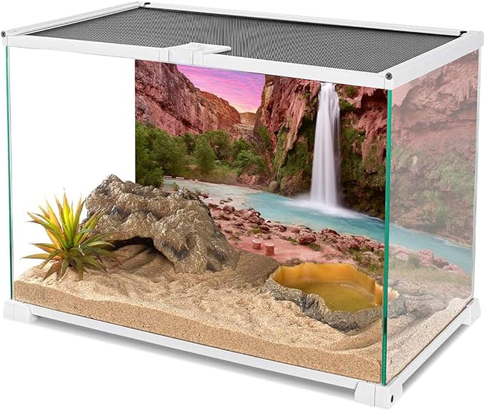 AWERT 48x24 inches Reptile Habitat Background Sunset Mountain Waterfall Terrarium Background Durable Polyester Background