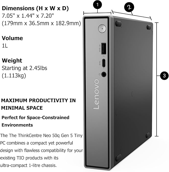 Lenovo ThinkCentre neo 50q Gen 5 Mini Desktop PC, Intel Core i5-13420H 8-Core, 8GB DDR5 RAM, 512GB SSD, WiFi 6E, Bluetooth 5.3, Dual Display, USB-C, Windows 11 Pro - Business Office Remote Work