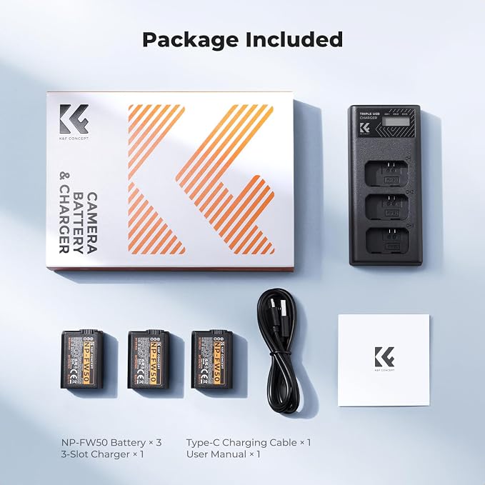 K&F CONCEPT 3-Pack NP-FW50 Battery and Upgraded 3-Slot ZV-E10 Battery Charger