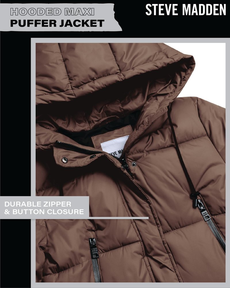 Steve Madden Womens Long Puffer Jacket - Heavyweight Insulated Fall Maxi Winter Coats for Women Long Length Bubble Parka, Size Large, Olive