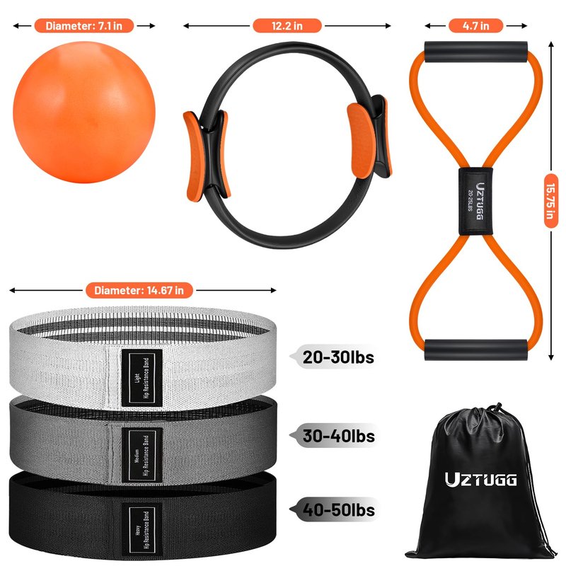 UZTUGG Pilates Equipment Kit at Home for Women, 4-in-1 Workout Essential Set with Pilates Ring, Fabric Resistance Bands, Figure 8 Resistance Band, Pilates Ball–Full Body Toning, Yoga & Stretching