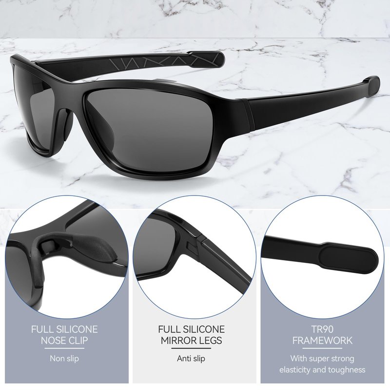 Women's Running Sports Polarized Sunglasses - UV Protection Wrap-Around Frame, Black Sporty Shades for Outdoor