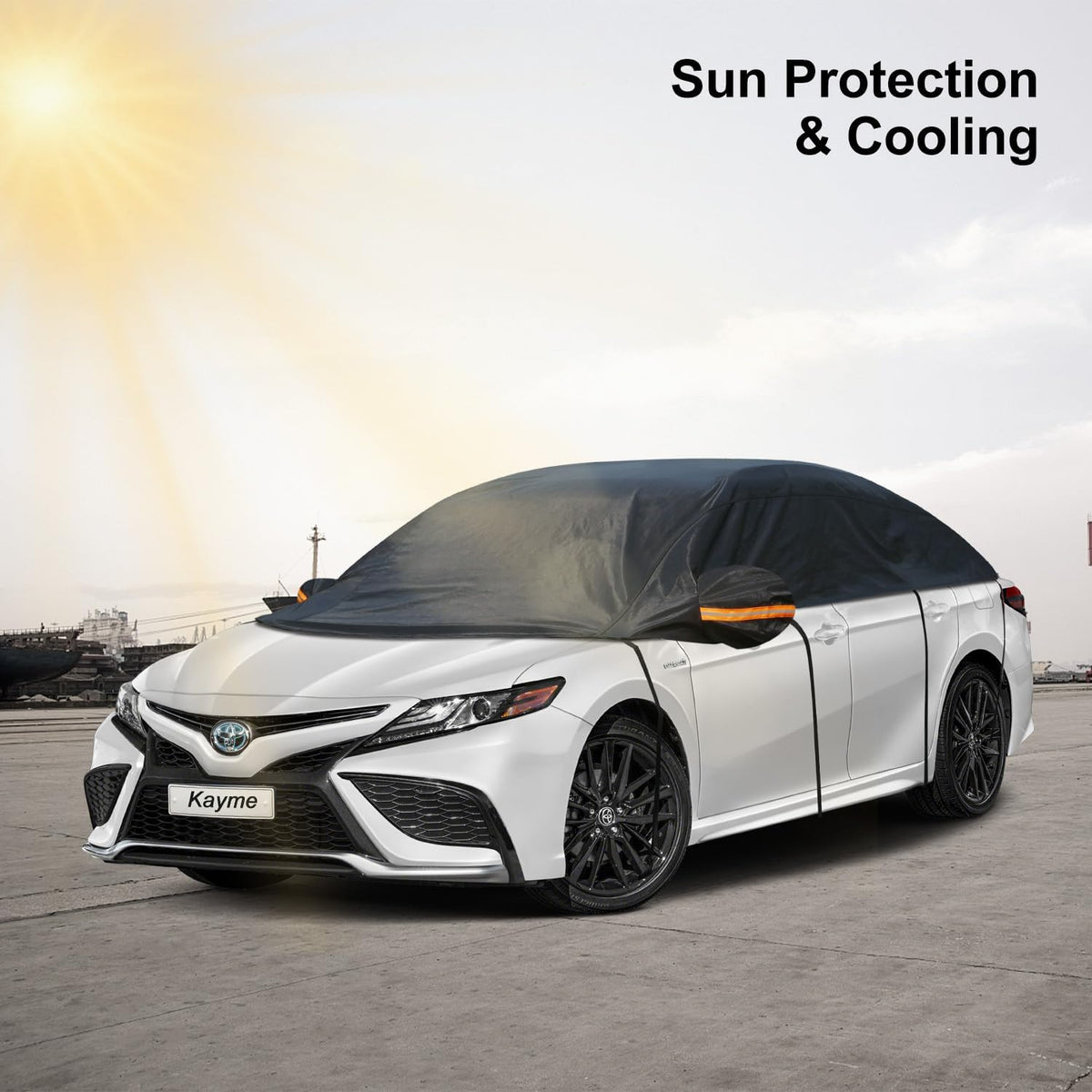 Kayme Half Car Cover, Windshield Cover for Ice and Snow Top with Reflective Straps, Roof Cover Waterproof All Weather Dust, Sun Protection. Front Rear Window Cover Fit Sedan. 3L (UP to 127'')