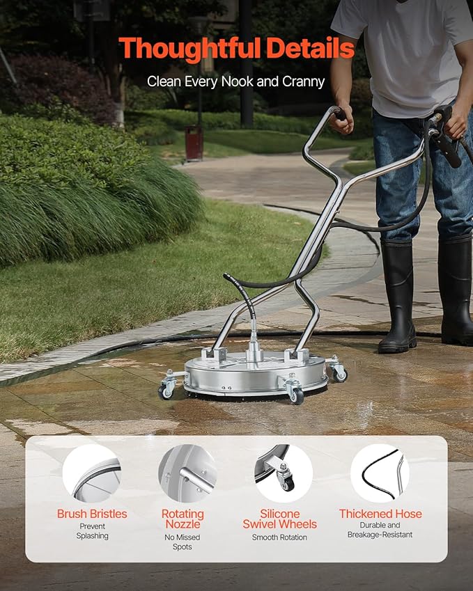 VEVOR 18 Inch Pressure Washer Surface Cleaner, 4000 PSI Stainless Steel Attachment with 4 Wheels, 2 Nozzles, 3/8 Inch Quick Connect and Dual Handle for Concrete, Patio, Sidewalk