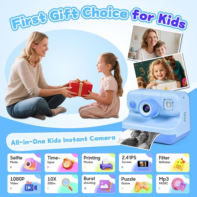 Kids Instant Print Camera, 30MP 1080P HD Digital Camera