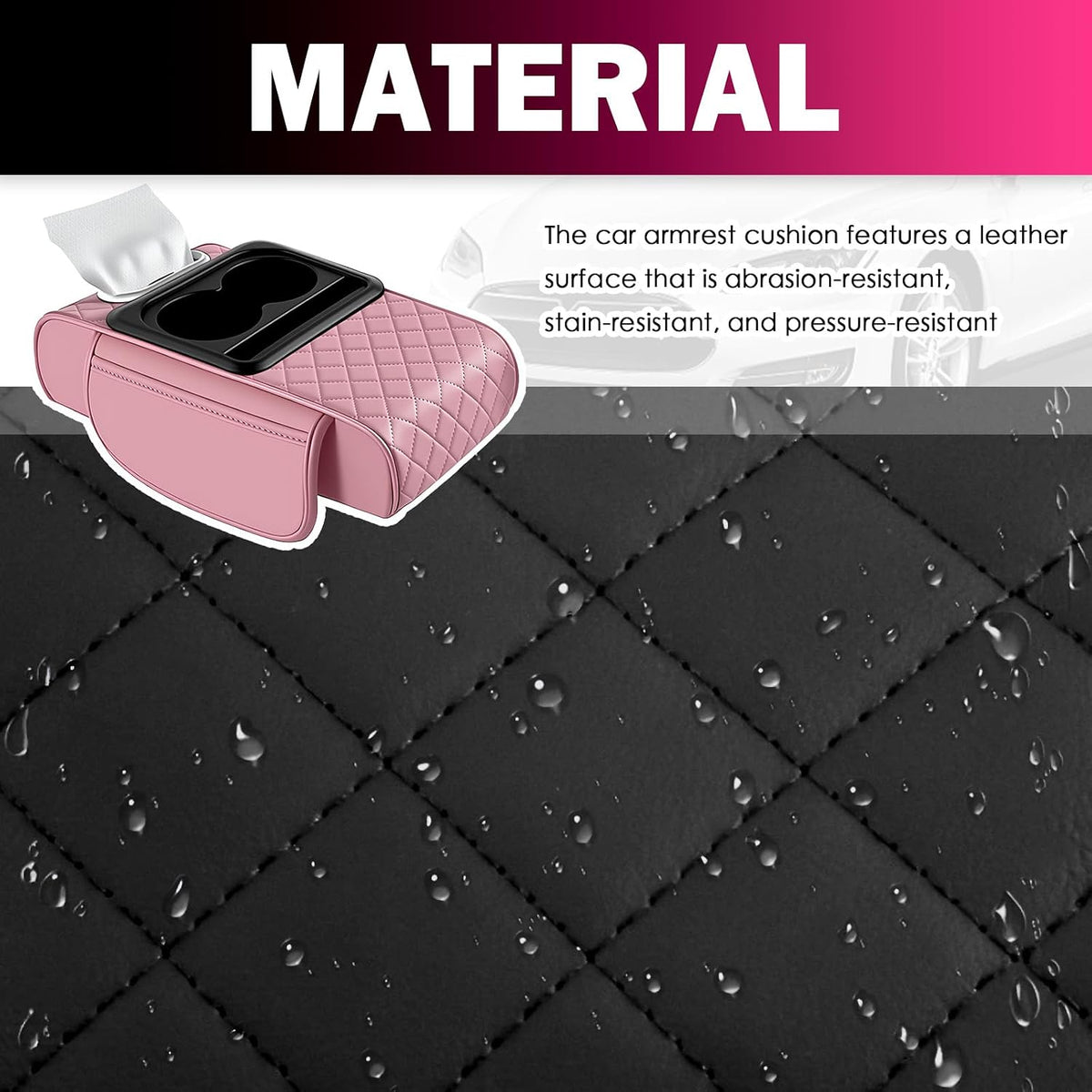 5 in1 Car Armrest Storage Box,Multifunctional Leather Car Armrest Box Pad for Elbow Support,Comfortable Center Console Cover with Cup Holder & Phone Holder & Side Storage Bag (Pink)