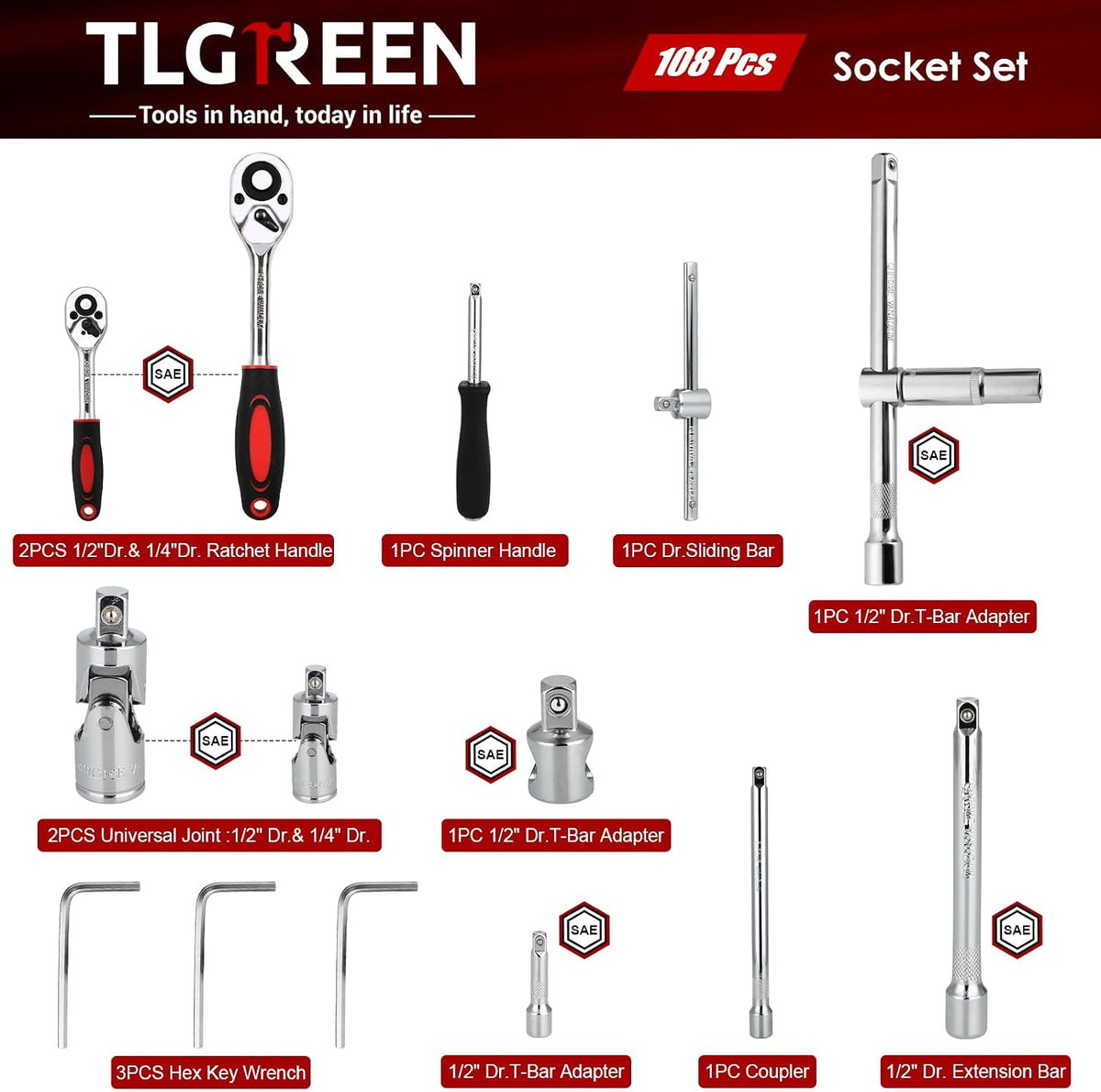 TLGREEN 108 Pcs Mechanic Socket Tool Kit,CR-V Steel Metric And 1/4" & 1/2" Ratchet set,Universal Joint,Extension Bars,Adapter,Quick Release Ratchet Wrench,Tool Box Set for Car Garage Dorm