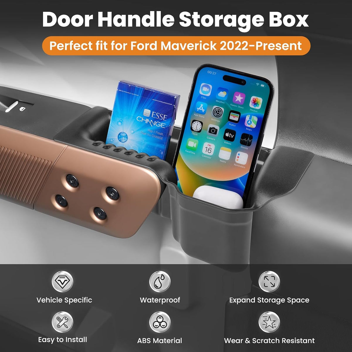 Canvcle Door Handle Storage Box for 2022-2025 2026 Ford Maverick Accessories, Front Rear Door Side Storage Insert Tray Organizer Grab Handle Pocket Container 4PCS
