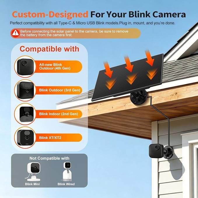 Solar Panel for Blink Camera, Solar Power + Built-in 4000mAh Battery: Dual
