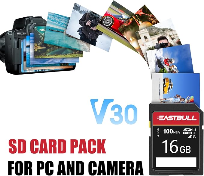 5-Pack of SD Card 16GB EASTBULL Class 10 SD Card U1 V30 High-Speed 100MB/s Read