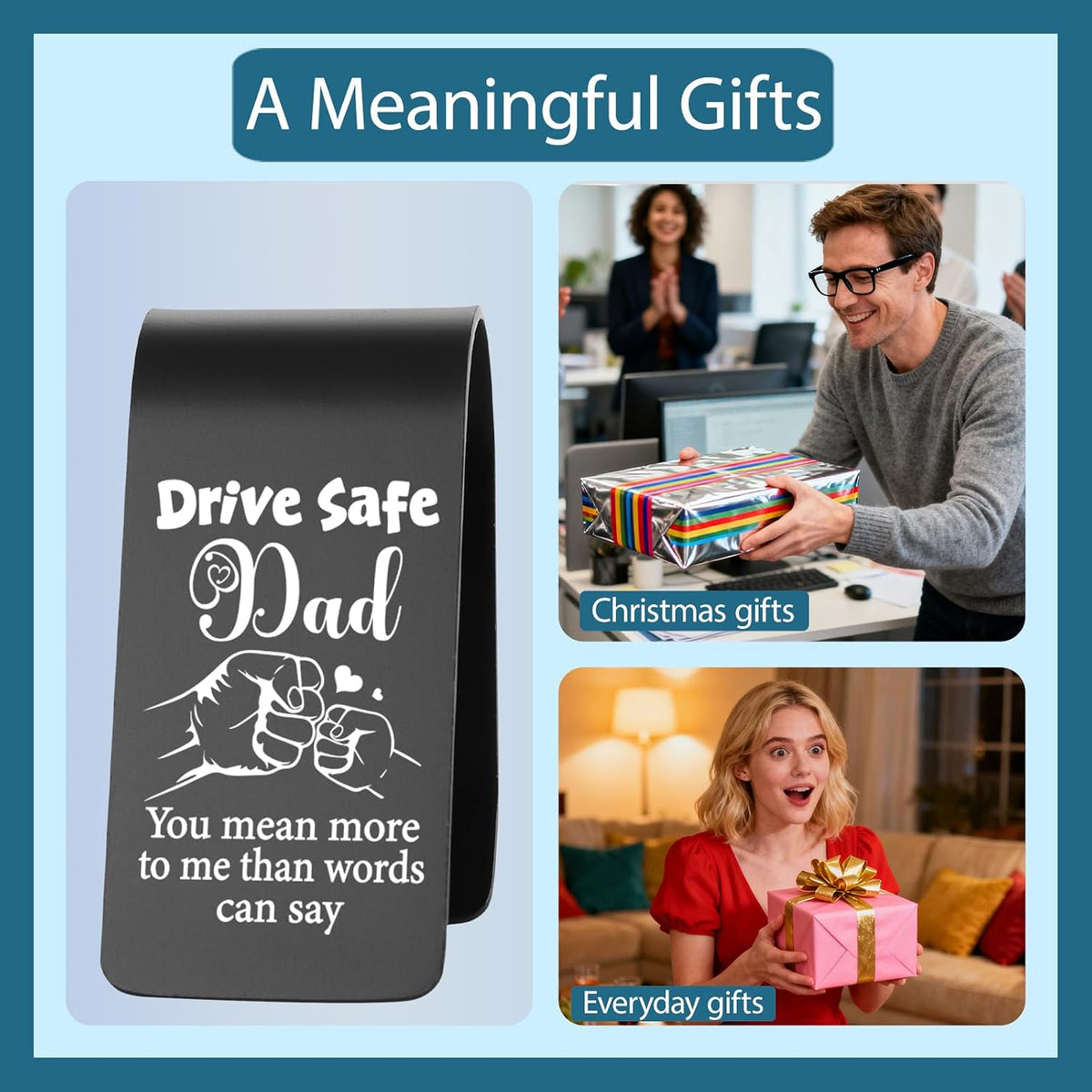 Drive Safe Dad Car Visor Clip Stainless Steel, You Mean More to Me Than Words Can Say Engraved Reminder, Safe Driving Gift for Dad, Car Receipt Holder & Sun Visor Organizer EDG40