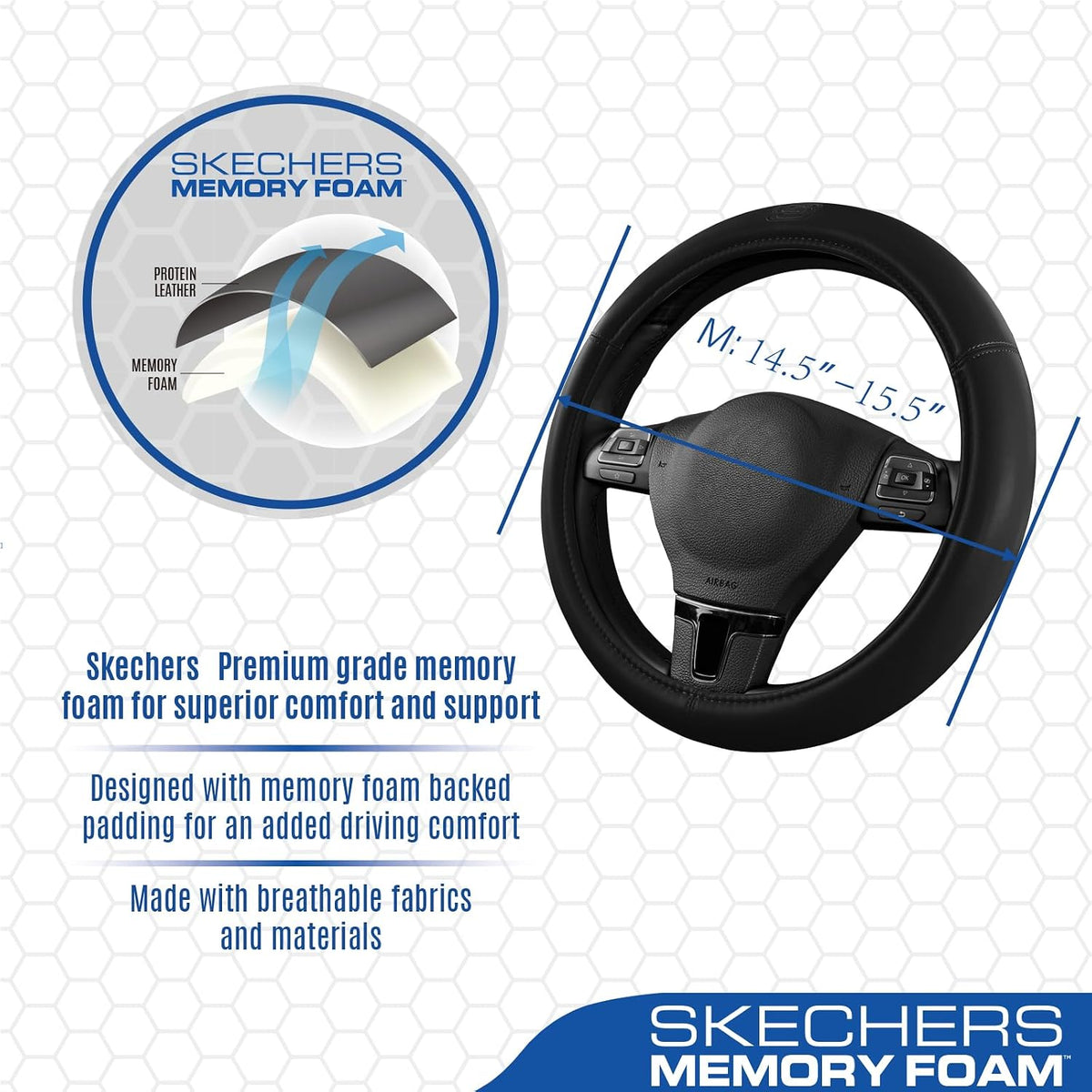 Skechers Memory Foam Steering Wheel Cover,Grade Protein Leather Steering Wheel Cover,Universal Anti-Slip Fit 14" 1/2-15" Car Wheel Cover for Men Women Fit Suvs,Vans,Sedans,Car,Trucks,Black