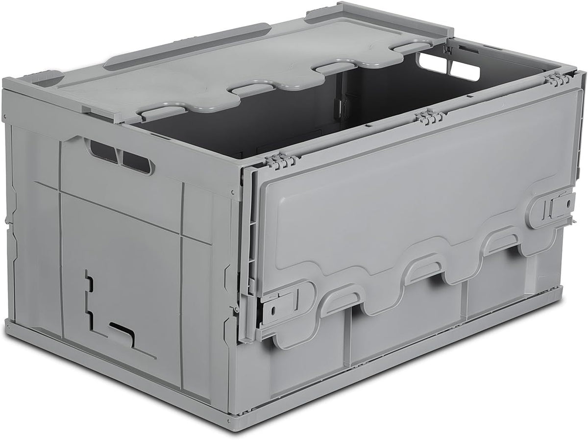 Mount-It! Collapsible Plastic Storage Crate, Folding and Stackable Utility Distribution Container with Attached Lid, 65L Liter Capacity, Pack of 1