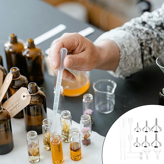 14 Pcs Small Funnel Set, Silver Aluminium Metal Mini Funnels, Clear Plastic Dropper Plastic Dispenser for Bottle Filing Essential Oil, Liquid, Glitter Powder, Perfume, Cosmetics, Crafts, Sand