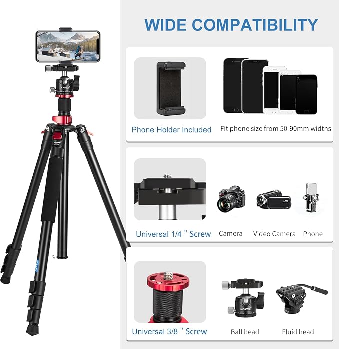 CAVIX 79" Camera Tripod, 2-in-1 Aluminum Alloy Tripod