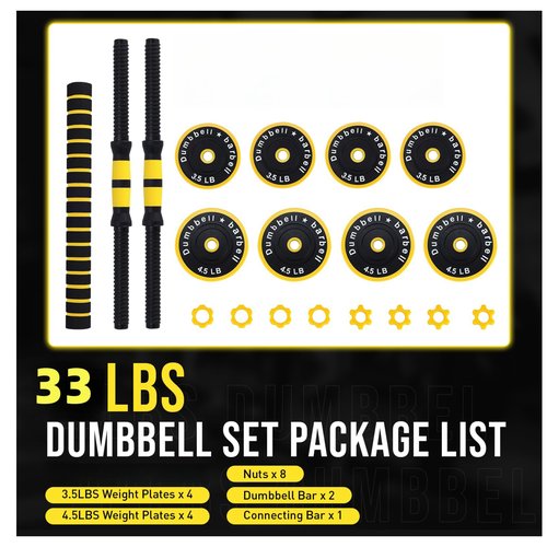 2-In-1 Adjustable Dumbbell Set 33 Lb, Adjustable Weights Used As Dumbbell and Barbell Set, Yellow