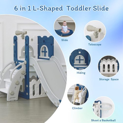 LulliSpace 6-in-1 Toddler Slide - Indoor/Outdoor Climber with Storage, Telescope & Basketball Hoop | Blue