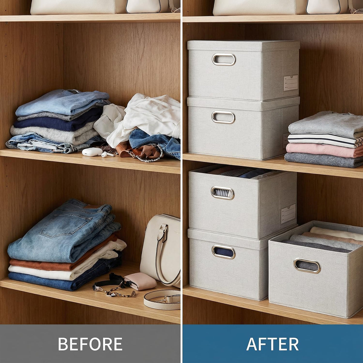 PRANDOM Storage Bins with Lids [3-Pack] Linen Fabric Foldable Storage Boxes Organizer Containers Baskets Cube with Cover for Bedroom Closet Office Beige（11.4X8.6X6.7