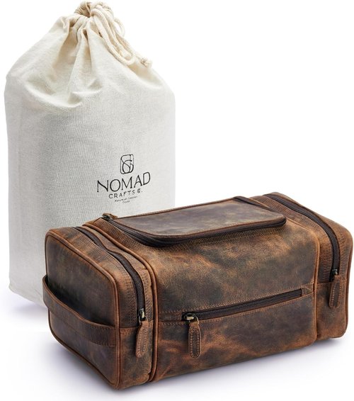 NomadCraftsCo. Extra Large Leather Toiletry Bag - Premium Travel Dopp Kit for Men, Stylish Organizer
