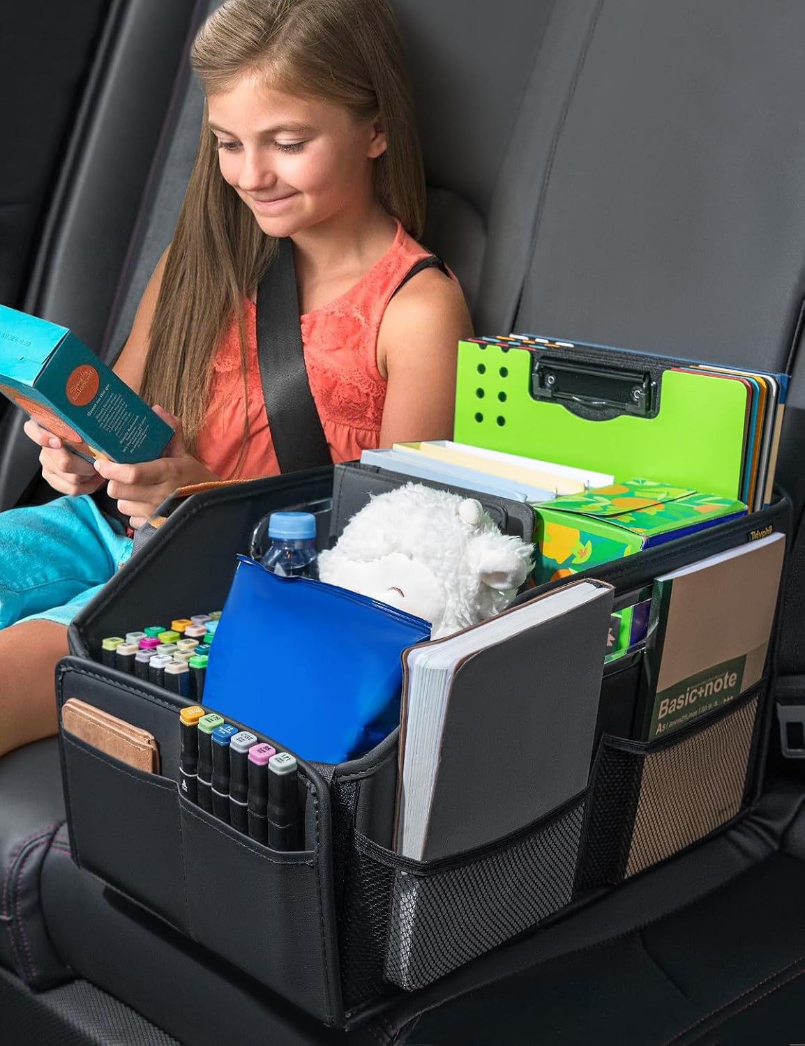 Car Seat Organizer, Front Seat Organizer, Collapsible Car Organizer and Storage for Backseat and Passenger Seat, Big Capacity with Elastic Bands can Hold Cups, Car Travel Essentials for Kids
