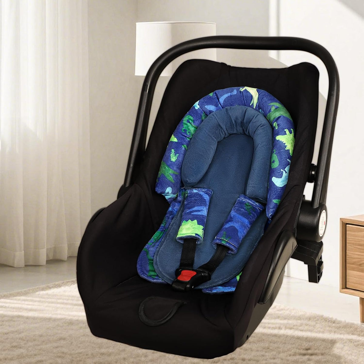 Baby Car Seat Head Support with Extra Headrest, 2-in-1 Babybody Supports with Shoulder Pads Set for Newborn, Adjustable Infant Car Seat Insert Compatible with Stroller, Baby Swing (Blue Dinosaur)