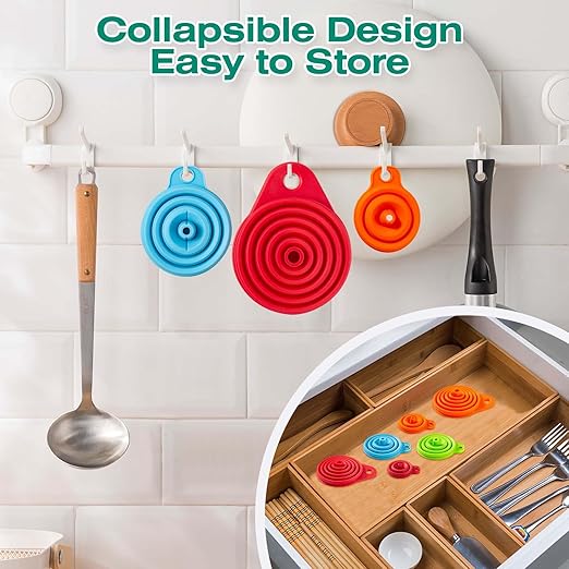 KALAVE Kitchen Funnel Set 6 Pack - Food Grade Silicone Collapsible Funnel, Funnels for Kitchen Use Filling Bottles, Daily Cooking, and Water or Powder Transfer. (Multicolor)