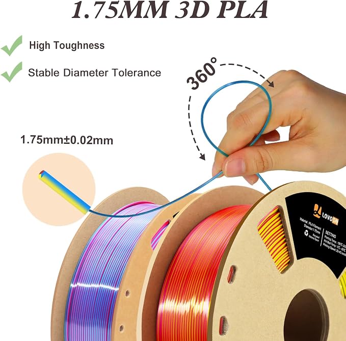 LOVOON Silk PLA 3D Printer Filament Bundle 2 KG, PLA Filament 1.75mm, Shiny
