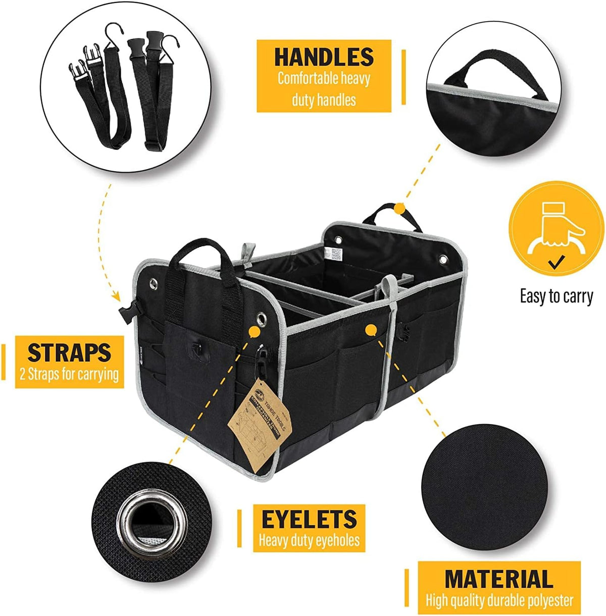 Tahoe Trails 23" Foldable Trunk Organizer for Car Storage, Reinforced Base Plates, Non Slip Bottom, Securing Straps, 11 External Pockets, 2 Pack, Black