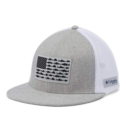 Columbia Unisex PFG Mesh Flat Brim Ball Cap, Cool Grey Heather/Fish Flag, S/M