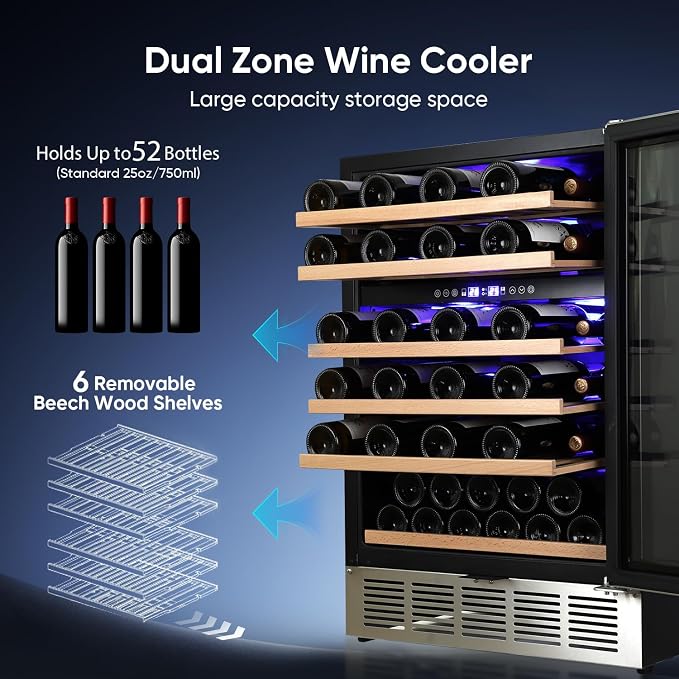 24 Inch Wine Cooler Refrigerator, 52 Bottle Dual Zone Wine Fridge with Stainless Steel Glass Door, Adjustable Shelves, Upgraded Compressor, Built-In Freestanding for Home, Bar, Kitchen