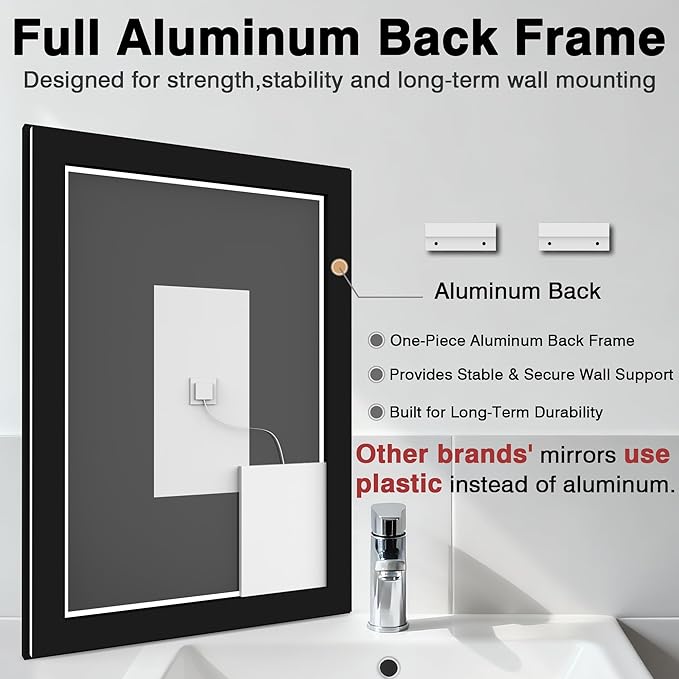 72x32 LED Bathroom Vanity Mirror - Black Aluminum Framed (Front and Backlit), Anti-Fog Large Mirror with Lights,Stepless 3 Colors Dimmable Lighted Mirror(Horizontal/Vertical)