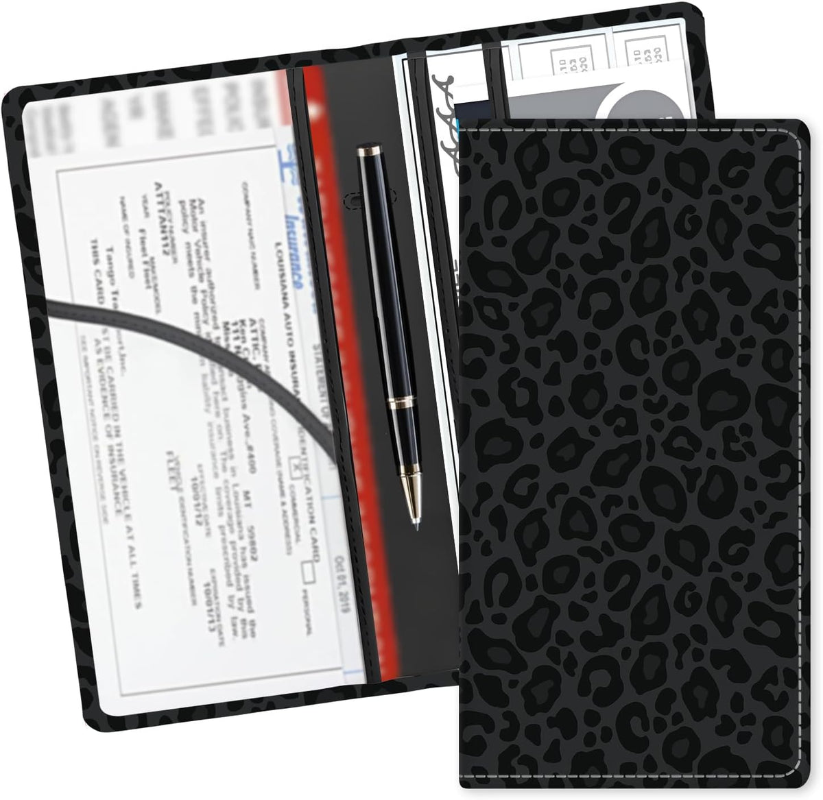 Leather Car Registration and Insurance Card Holder, Cute Car Accessories Vehicle Glove Box Car Organizer for Documents, Cards, License Luxury Black Leopard