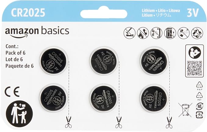 Amazon Basics 6-Pack CR2025 3V Lithium Coin Cell Batteries, Long Lasting Power