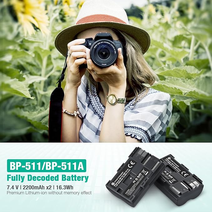 FirstPower BP-511 BP-511a Battery 2-Pack 2200mAh and Dual USB Charger