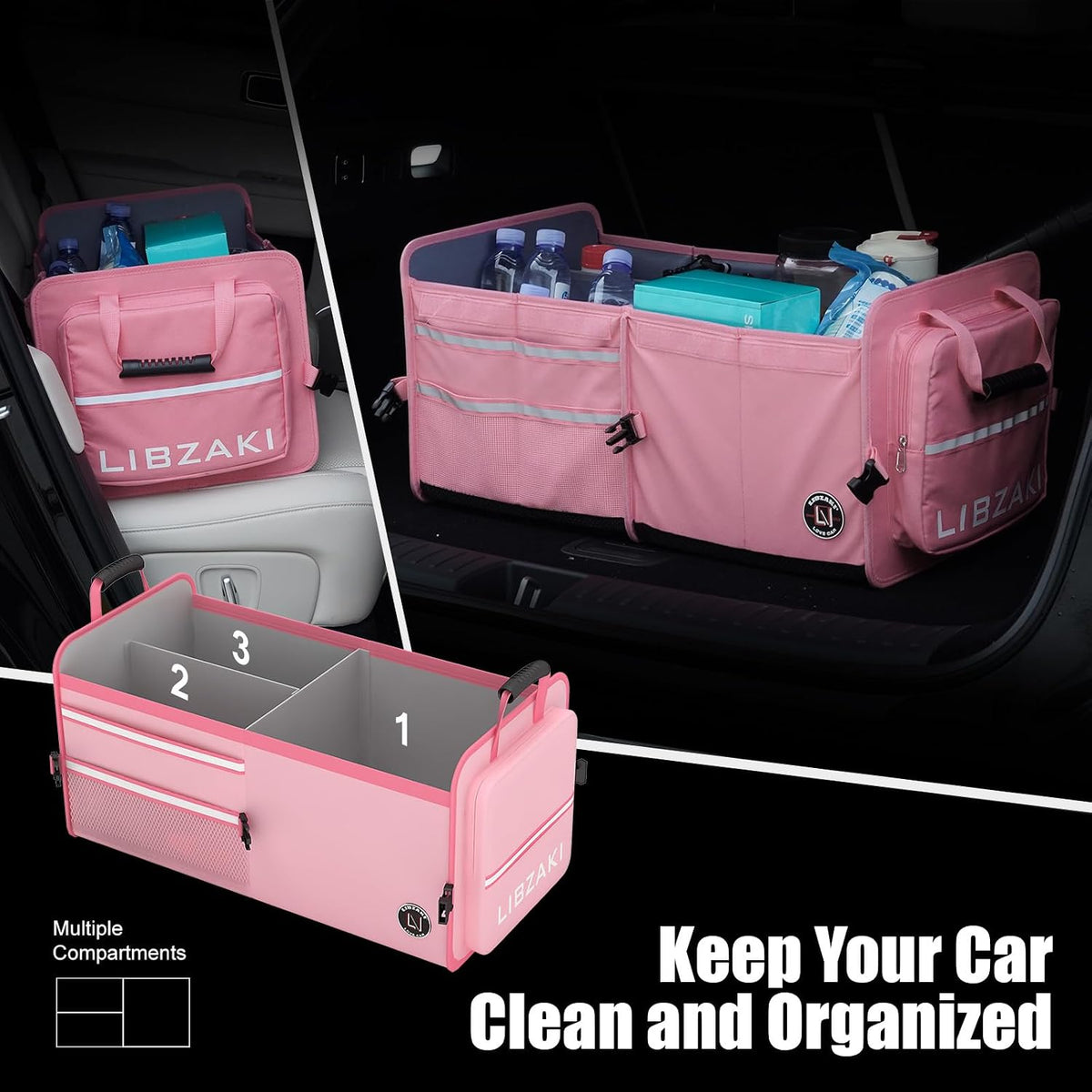 LIBZAKI Car Trunk Storage Organizer, Multi Compartment Collapsible Trunk Storage Box for Car Truck SUV-Pink