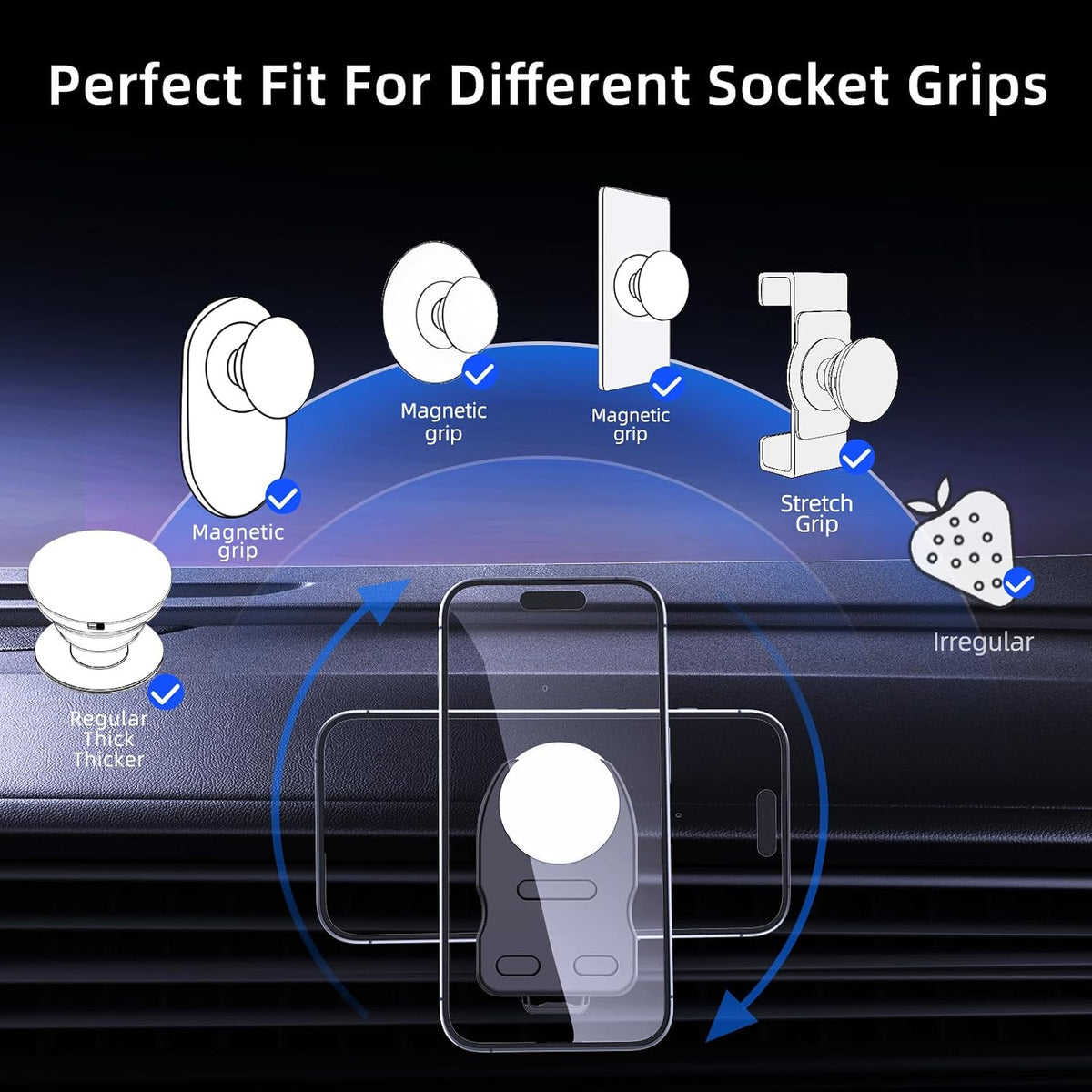 Socket Car Mount for Dashboard Air Vent Windshield,Car Phone Holder for Socket Grip with 2 Mounts,3 in 1 Stable Air Vent Clip Powerful Suction Cup Phone Holder Fit for All Car