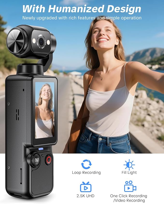 Vlogging Camera with 180° Rotating Lens, Pocket Body Camera with Audio & Video
