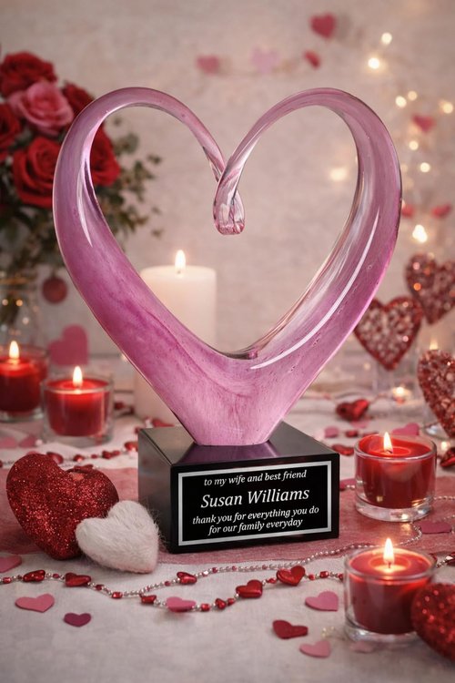 Award for Wife - Pink Heart Shaped Art Glass - Customized Trophy for Wife of The Year, Mom or Girlfriend - Personalized Gifts for Women - 9 Inches Tall